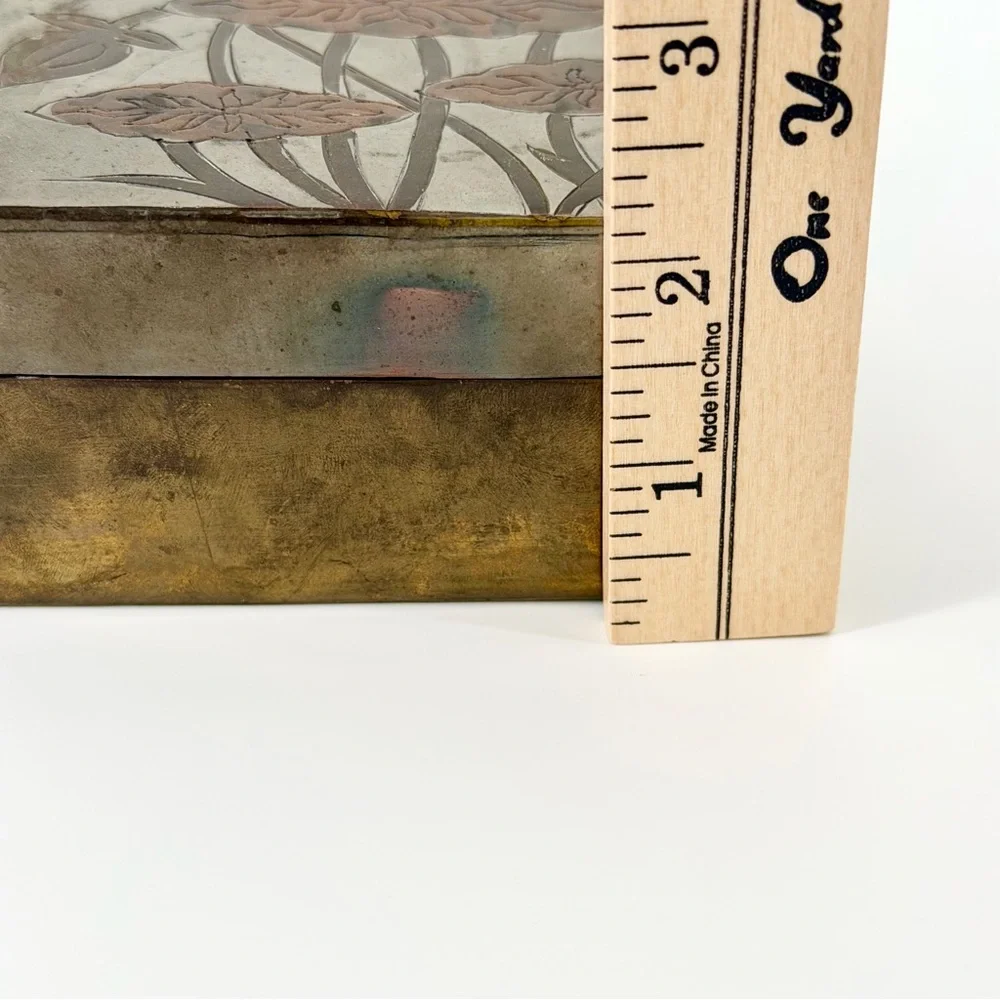 Vintage Mid-Century Solid Brass Floral Relief Trinket Jewelry Box Mixed Metal